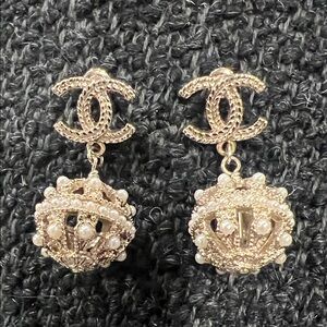 CHANEL Gold-Tone Crown Drop Earrings with Pearl Accents